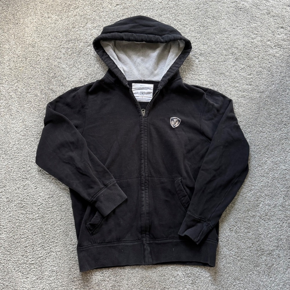 American Eagle Outfitters Mens Black Full Zip Hoodie Waffle Lined Hood Large